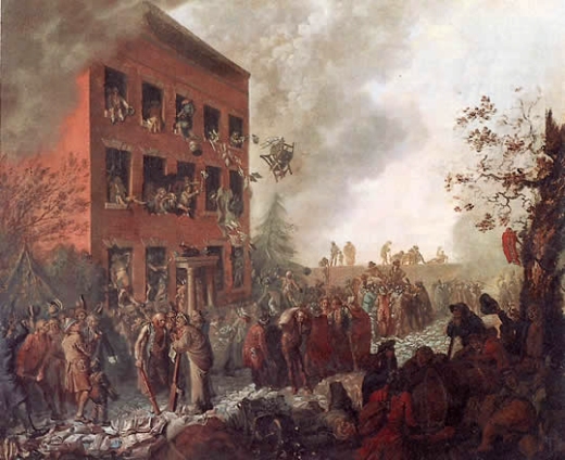 Johann Eckstein's (1791) depiction of a mob burning Joseph Priestley's home.