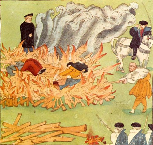 Johann Jacob Wick's (1585) depiction of the burning of three witches in Switzerland. 